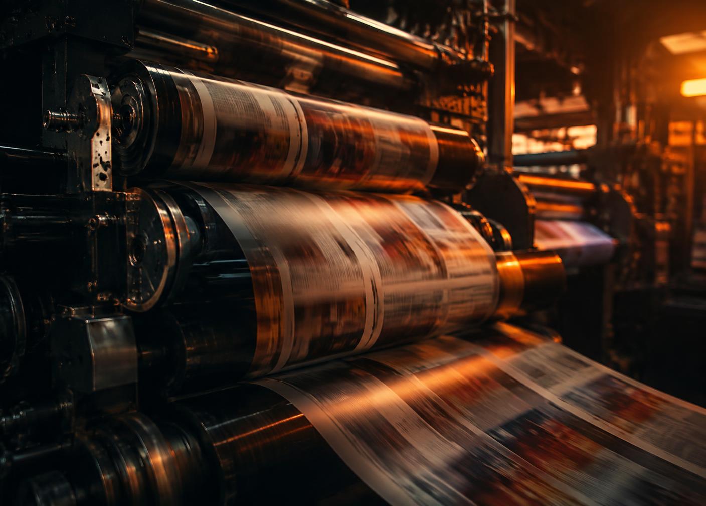 Printing press rollers running freshly printed newspaper