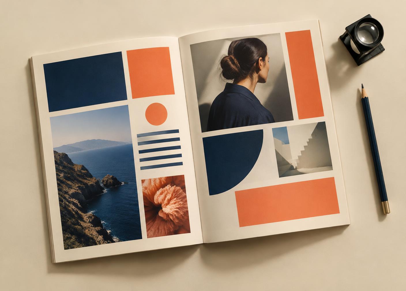 Magazine spread with navy and coral layout